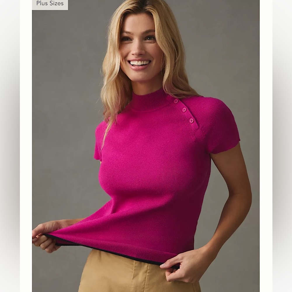 Anthropologie Hot Pink Short Sleeve Mock Neck Sweater